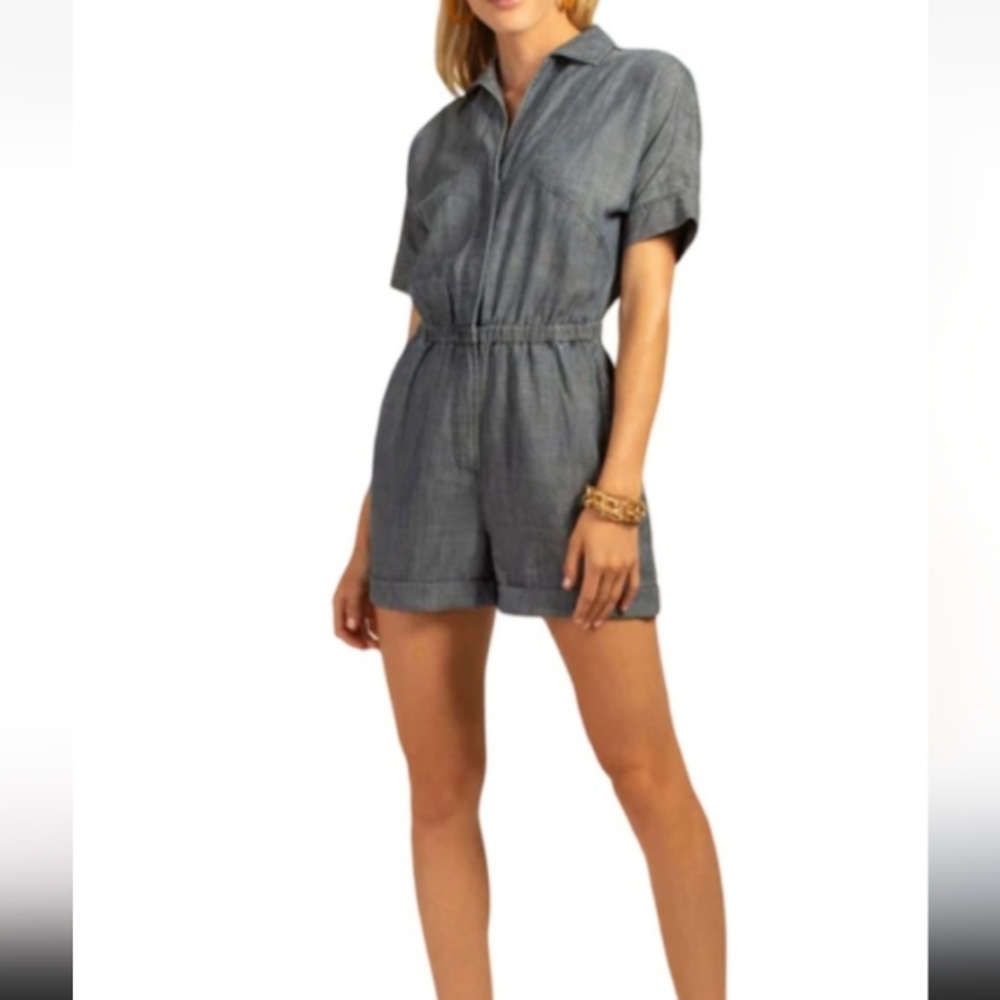 TRINA TURK San Joaquin Linen-Blend Chambray Romper Resortwear Size Large Blue